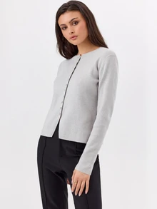 KÆRIA Hus Close Fit Crew Neck Cardigan - Brushed Soft Touch Knit - Silver Marle - Button Front, Layeringg - Light Grey - View 3