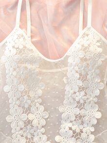 DelicateAllure White Mesh Patchwork 3D Floral Ruffle Hem Sheer Babydoll Jumpsuit, Pure & Elegant Women's Lingerie - White - View 4