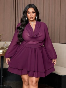 NU&NOW Gaun Pesta Elegan Bergaya Prancis, Model Kerah Berkerut Semi-Transparan, Lengan Panjang, Bahan Chiffon, Cocok untuk Wanita Ukuran Plus di Awal Musim Gugur, Cocok untuk Kencan dan Aktivitas Luar Ruangan. - Purple - View 3