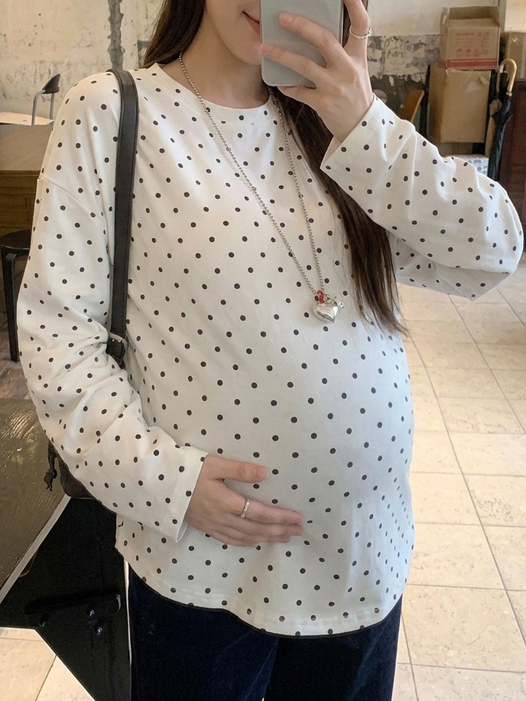 Dazy Maternity 對比波點寬鬆長袖圓領休閒度假日常百搭春秋孕婦T恤 - 白色 - 查看 3