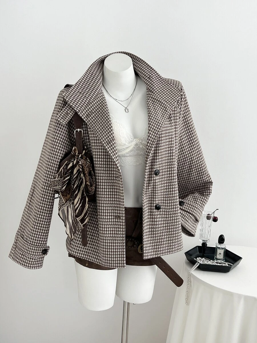Elamini Women's Autumn New Vintage Slimming Flattering Casual Versatile Chic Premium Houndstooth Brown Overcoat - Brown - View 1