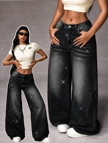 Jeanoix Plus Size Women's Pocket Rhinestone Wide Leg Loose Casual Denim Jeans - Black - View 1