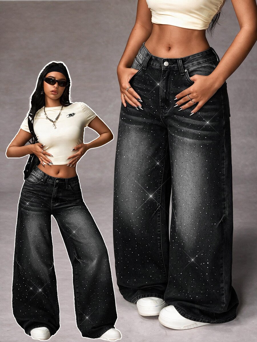 Jeanoix Plus Size Women's Pocket Rhinestone Wide Leg Loose Casual Denim Jeans - Black - View 1
