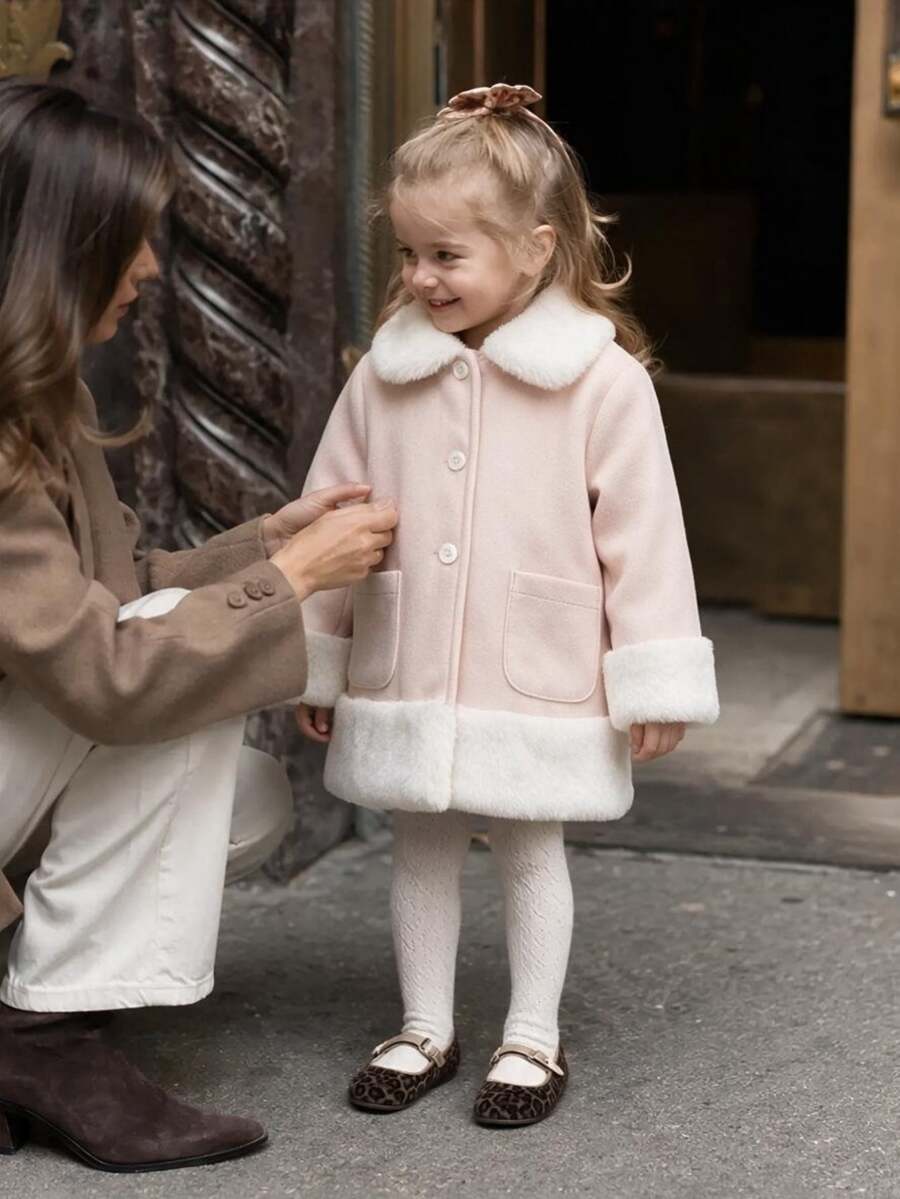 SHEIN 女嬰休閒時尚百搭復古優雅撞色外套夾克,適合秋冬日常穿著 - 白色 - 查看 1