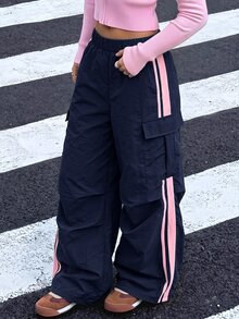 SHEIN 兒童青少年女孩長褲 春夏新款人氣多巴胺配色對比色織帶長褲 - 藍色 - 查看 1