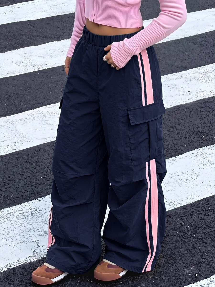 SHEIN 兒童青少年女孩長褲 春夏新款人氣多巴胺配色對比色織帶長褲 - 藍色 - 查看 1