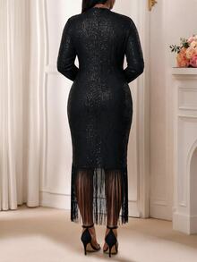 SHEIN Lady CURVE فستان سهرة فاخر أسود شتوي بمقاسات كبيرة، أنيق وجذاب ورومانسي، مزين بالترتر، بأكمام طويلة، لحفلات الهالوين والسهرات والحفلات الراقصة ورأس السنة - الأسود - مشاهدة 2