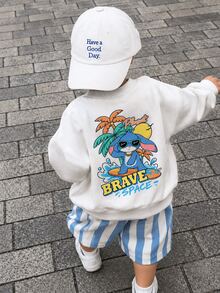小男孩白色圓領運動衫，正反面對稱衝浪兔子海灘卡通印花，羅紋領口、袖口與下擺，保暖柔軟面料，寬鬆版型，活潑可愛卡通圖案 - 彩色 - 查看 1