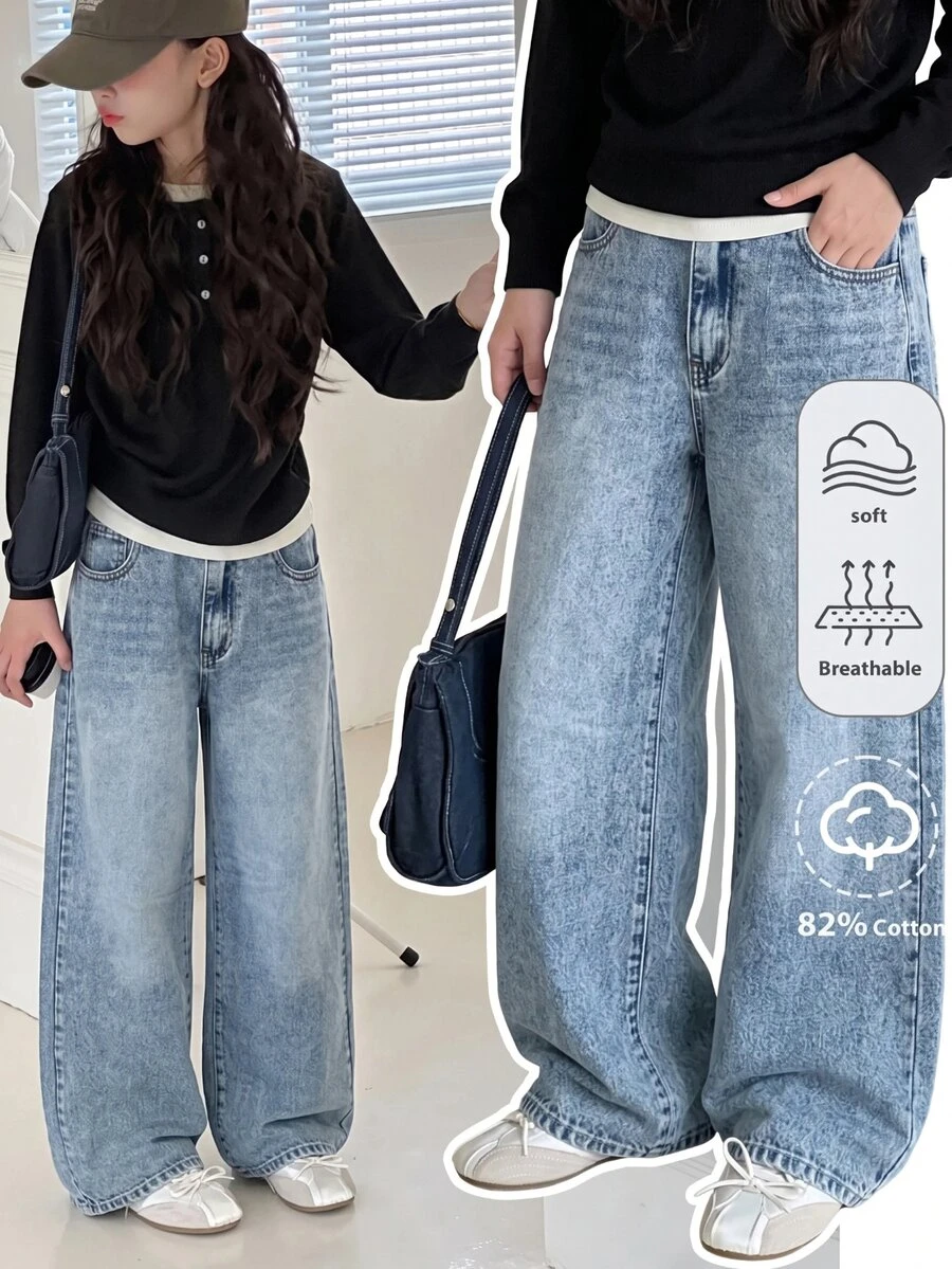 SHEIN Teen Girls Blue Loose Fit Denim Pants - Blue - View 1