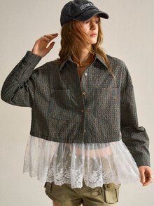 Women's Vintage Plaid Contrast Lace Blouse - Army Green - View 6