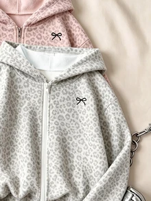 1 Random Piece Girls Y2K Leopard Print Full Zip Sweatshirt, Pink Leopard, Black Leopard, Grey Leopard, Autumn/Winter Basic Casual Streetwear Jacket - Multicolor - View 3