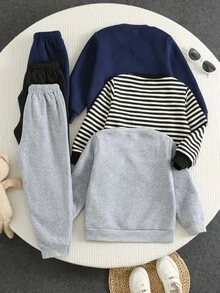 SHEIN 6件組 Youngboy 秋冬百搭卡通圖案黑白條紋卡其色純色長袖衛衣 6件組針織收口長褲 2件套穿搭適合秋冬外出 - 彩色 - 查看 2