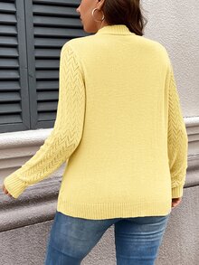 SHEIN LUNE 大尺碼女款休閒百搭純色藍色針織開襟衫，修身弧形剪裁，秋冬款 - 淡黃色 - 查看 2