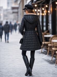 Editum Women's Winter Fashion Drawstring Waist Hooded Jacket - Black - View 2