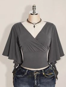 SHEIN ICON 女款純色V領修身百搭日常休閒T恤 - 灰色 - 查看 5