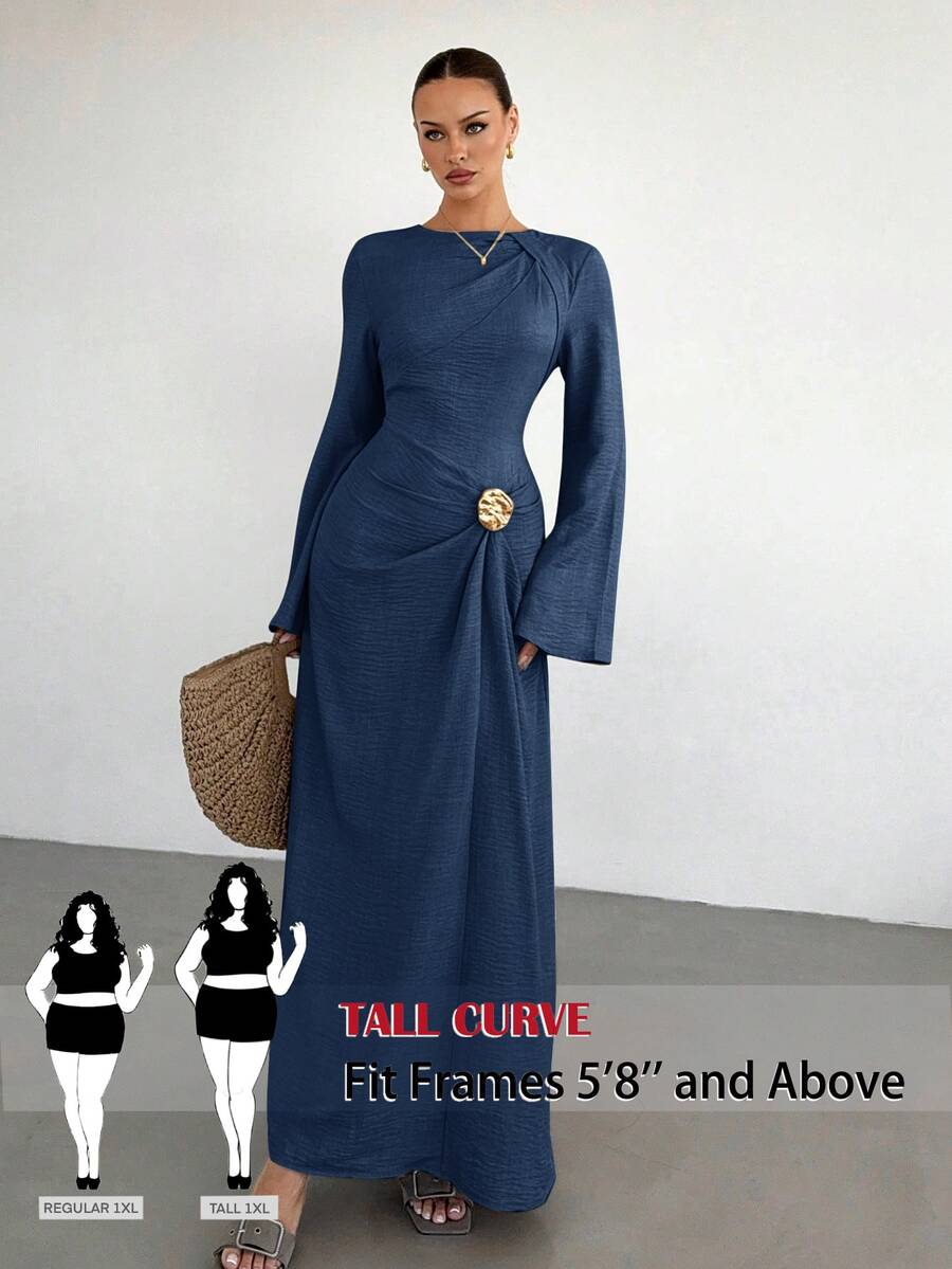 SHEIN Tall CURVE Gaun Pesta Kasual Wanita Ukuran Besar dengan Dekorasi Logam untuk Musim Gugur - Navy Blue - View 1