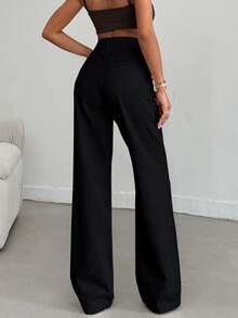SHEIN Tall بنطلون جينز أسود طويل بخصر عالي وقصة عادية وأسلوب كاجوال وغسيل شطف وأزرار أمامية وقصة مستقيمة - الأسود - مشاهدة 3