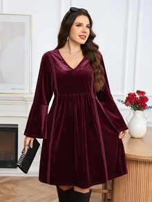 Easowa Curve Plus Size Elegant Bell Sleeve Dress For Autumn/Winter - Burgundy - View 1