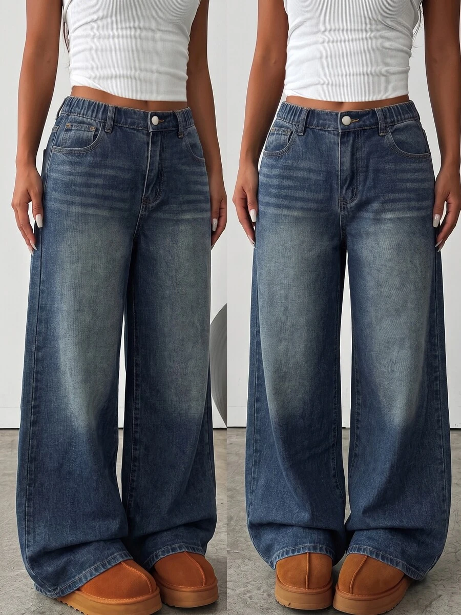 SHEIN Teen Girls Vintage Blue Denim Loose Wide Leg Pants - Medium Wash - View 1