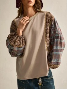SHEIN Sweatshirt Patchwork Kotak-kotak Bergelombang Warna Aprikot | Kain Katun Nyaman | Model Longgar Vintage | Pakaian untuk Perjalanan Sehari-hari - Coklat - View 3