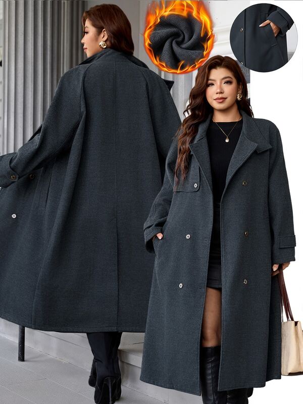 Reflora Plus Size Women's Solid Color Lapel Neck Long Sleeve Double Breasted Casual Overcoat