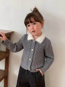 DAZY Baby Girls Contrast Color Lapel Long Sleeve Cardigan - Grey - View 1