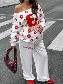 Lyckli Betty Boop x SHEIN Maternity Red Lips Cartoon Print Asymmetric Collar Sweatshirt & Sweatpants 2 Pieces Set Fall - White - View 5