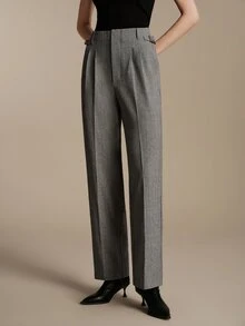 Anewsta Essential Women's Elegant Commute High Waist Pleated Side Button Straight Leg Trousers Grey Pants, Suitable For Commute, Daily, Date Outfits - Grey - View 7