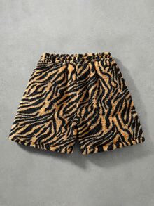 ROMWE MEN Men's Zebra Print Plush Fabric Loose Shorts - Brown - View 3