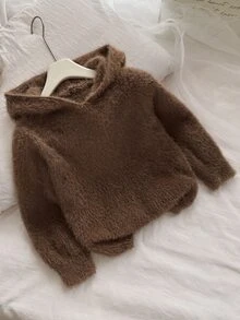Young Girls Faux Mink Fur Hooded Pullover Sweater - Brown - View 1