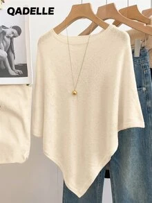 SHEIN 新款春夏海濱簡約不對稱針織披肩女款 船領三角下擺 度假風層搭 - 杏色 - 查看 8
