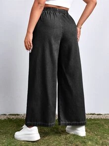 SHEIN EZwear 大尺碼女款抽繩腰休閒日常穿著牛仔褲 - 黑色 - 查看 2