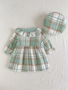 SHEIN Playful Pals 2件組幼女格紋洋裝 優雅薄荷綠蝴蝶結荷葉邊格紋長袖圓領常規款 婚禮派對秋季假期時尚貝雷帽 - 綠色 - 查看 2
