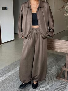 Dazy Plus 純色寬鬆翻領長袖夾克與長褲休閒街頭度假風春秋兩件套 - 鏽棕色 - 查看 8