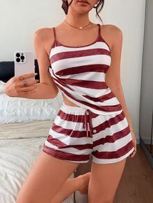 Napfluff Women's Red & White Striped Print Faux Drawstring Button Decor Soft Shiny Milk Silk Knit Casual Wearable Camisole & Shorts Set - Red - View 1