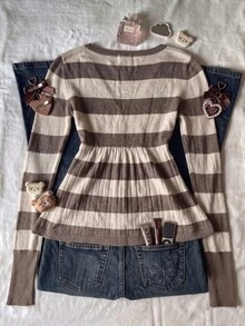IslaSuriya Women's Striped Button Design Long Sleeve Casual Sweater - Khaki - View 2