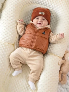 SHEIN Newborn Baby 3pcs Set: Hooded Long Sleeve Pullover Sweatshirt, Winter Pants, Sleeveless Vest - Apricot - View 4