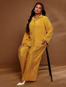 BrightlyHer Plus Size Solid Textured Lapel Long Sleeve Button Front Shirt And Pants Two Pieces Set Fall Winter 2026 - Yellow - View 2