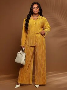 BrightlyHer Plus Size Solid Textured Lapel Long Sleeve Button Front Shirt And Pants Two Pieces Set Fall Winter 2026 - Yellow - View 4