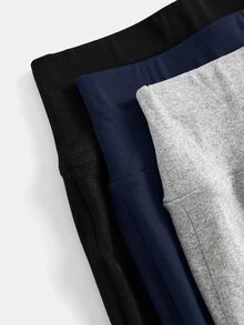 SHEIN Tween女孩秋冬針織長褲3件組，黑色、深灰色、淺灰色，高腰寬腰頭，修身直筒寬腿褲，百搭簡約舒適街頭風 - 藏蓝色 - 查看 5