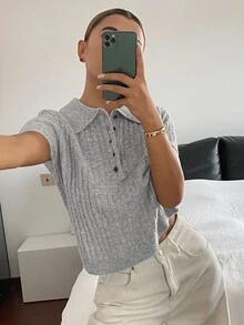 Livesso Women's Wool Blue Grey Turn-Collar Button Short Sleeve Slim Fit Ribbed Jacquard Knit Casual French Basic Top, Summer/ Office Brunch - Grey - View 7