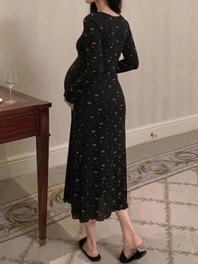 Dazy Maternity Bowknot All-Over Floral Print Slim Fit Waist-Cinching Lace Trim Long Sleeve Elegant Home Daily Spring Autumn Long Dress Maternity Dress - Black - View 2