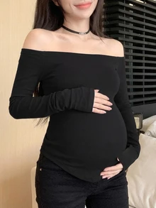 Dazy Maternity Solid Color Fitted Short Off Shoulder Long Sleeve Casual Everyday Versatile Spring/Autumn Maternity T-Shirt - Black - View 6