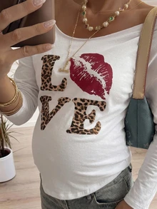 DAZY Letter Print Loose Long Sleeve Pullover Top Casual Streetwear Daily Spring Autumn Maternity T-Shirt - White - View 5