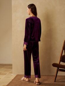MOTF PREMIUM WOMEN'S CONTRAST LACE & VELVET PAJAMA SET - Purple - View 3