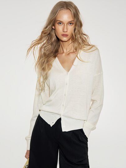 ATUI Studio Women's V-Neck Single-Breasted Same-Color Button Front Cardigan With Dropped Shoulders, Long Sleeves And Ribbed Hem, Minimalist Casual Commute Style
