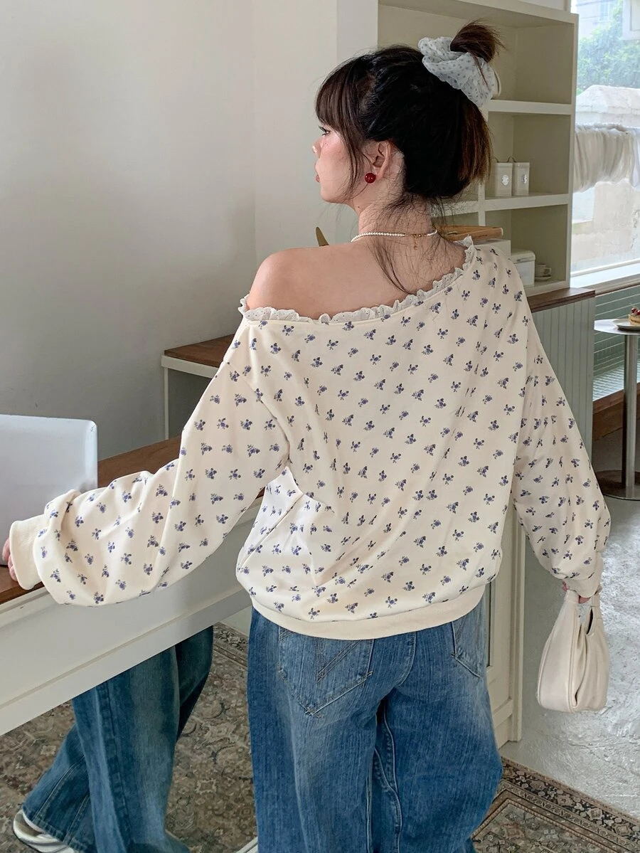Dazy Plus Ditsy Floral All-Over Loose Long Sleeve Patchwork Ruffle Asymmetrical Shoulder Casual Sweatshirt Top For Girls, Spring/Autumn - Apricot - View 1