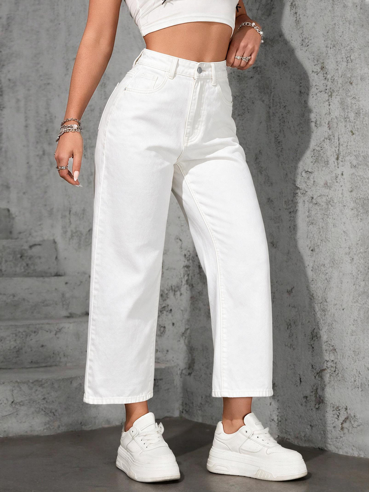 SHEIN PETITE Women's Loose Straight Leg Wide Leg Slimming Light Color All Season Ankle Length Jeans - White - View 6