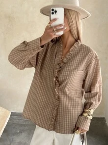 Livesso 女款休閒格紋荷葉邊飾襯衫，秋季 - 卡其色 - 查看 5