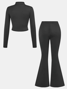 SHEIN Girlism NovaGlow 青少年女孩運動休閒日常針織素色開襟外套與喇叭褲套裝 - 深灰色 - 查看 5